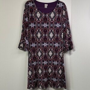 Chico's Pullover Boho Paisley 3/4 Bell Sleeve Knee Length Shift Dress Size 12/14